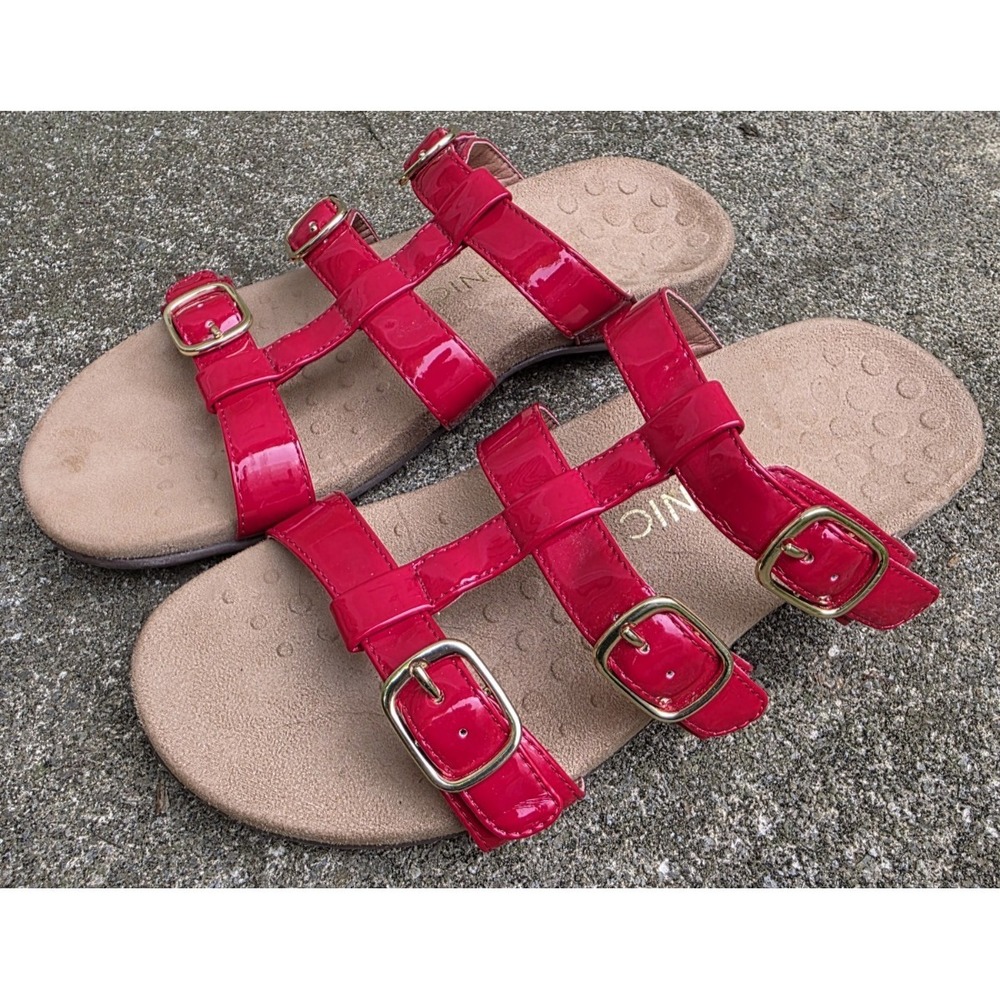 Vionic Misa (Sz 9) Sandals Women's Slides Red Patent Adjustable Straps Buckles